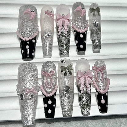 10PCS Y2K Black Pink French Handmade Press On Nails Cute Lace Ribbon Polka Dot Bow Long Nail Art Sweet Edgy Glitter Fake Nails