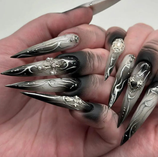 24pcs Long Almond Fake Nails Gothic Dark Black Style Press on Nails Full Cover Wearable European Heavy Metal False Nail Tips
